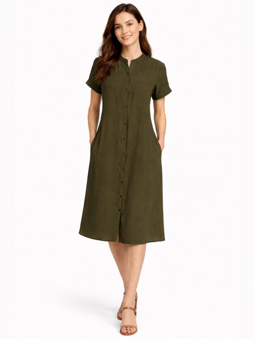 Loft Button-Front Midi Shirt Dress in Olive Green 4 XS Small